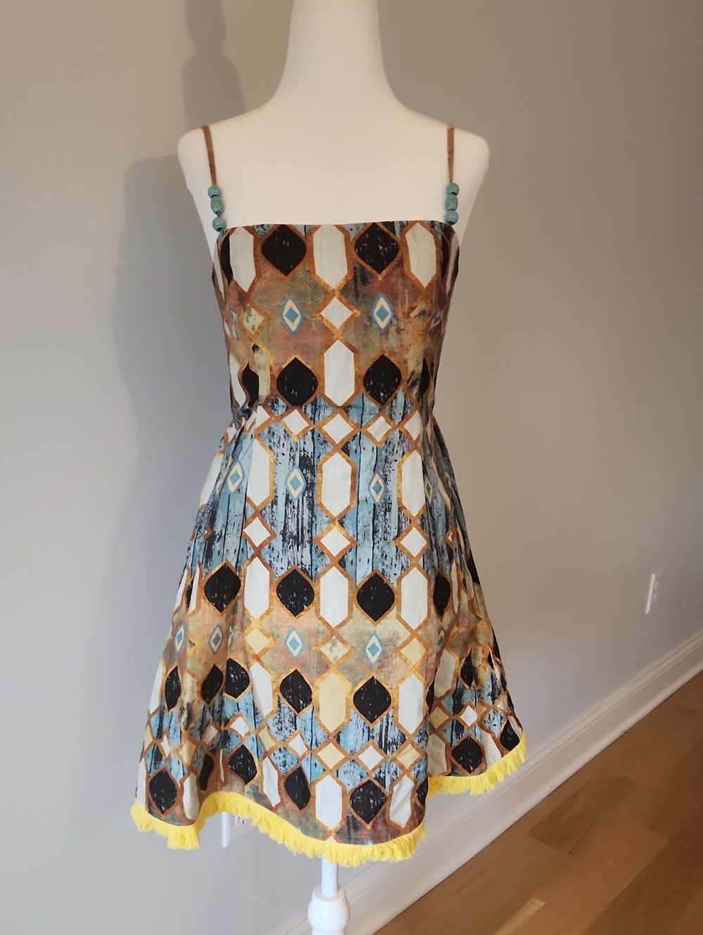 Christian Lacroix Sleeveless Geometric Print Mini Dress in Blue, Brown & Yellow